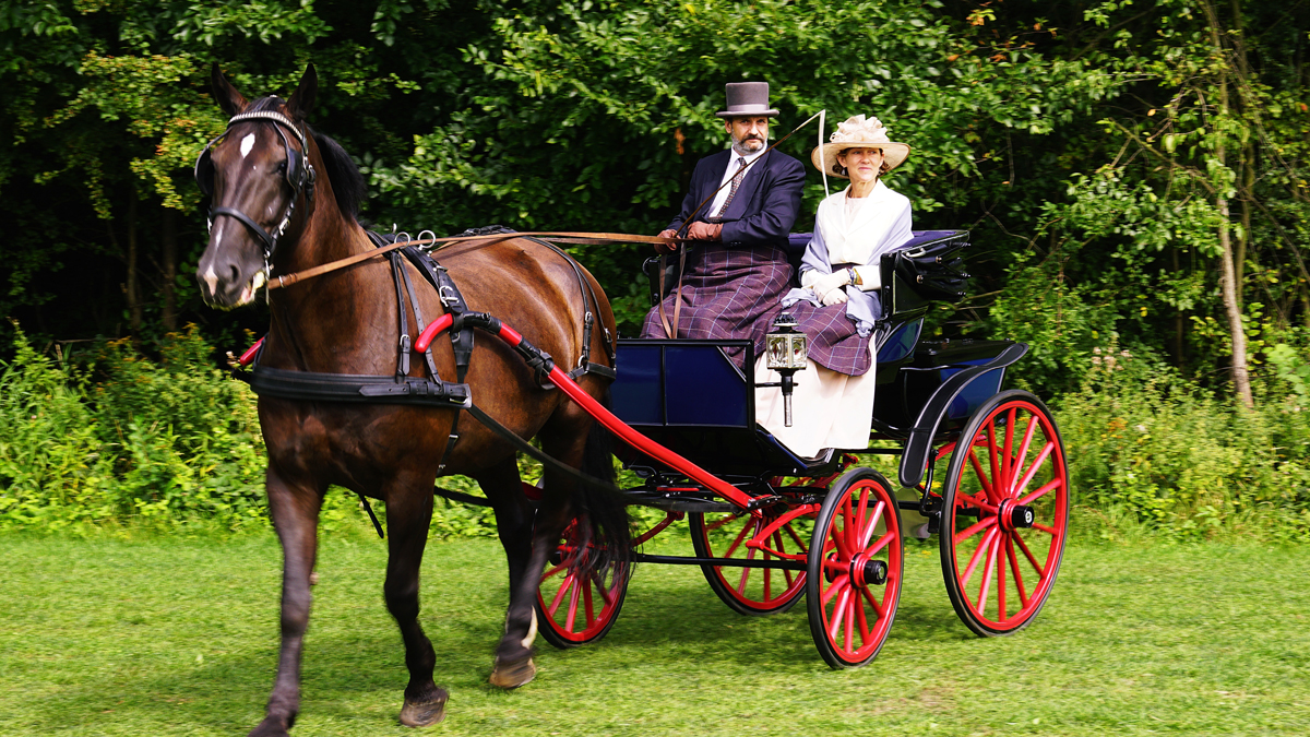 A horse drawn cart with two people inside