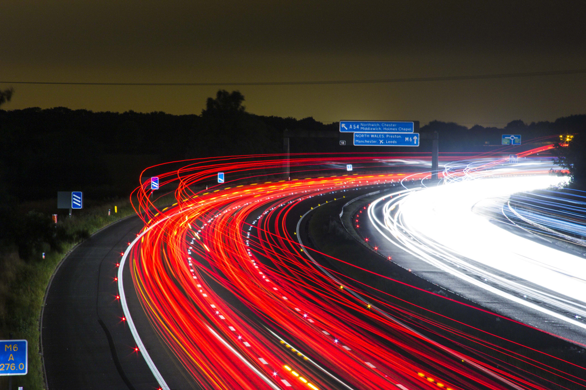 A time lapse of a motorway at night